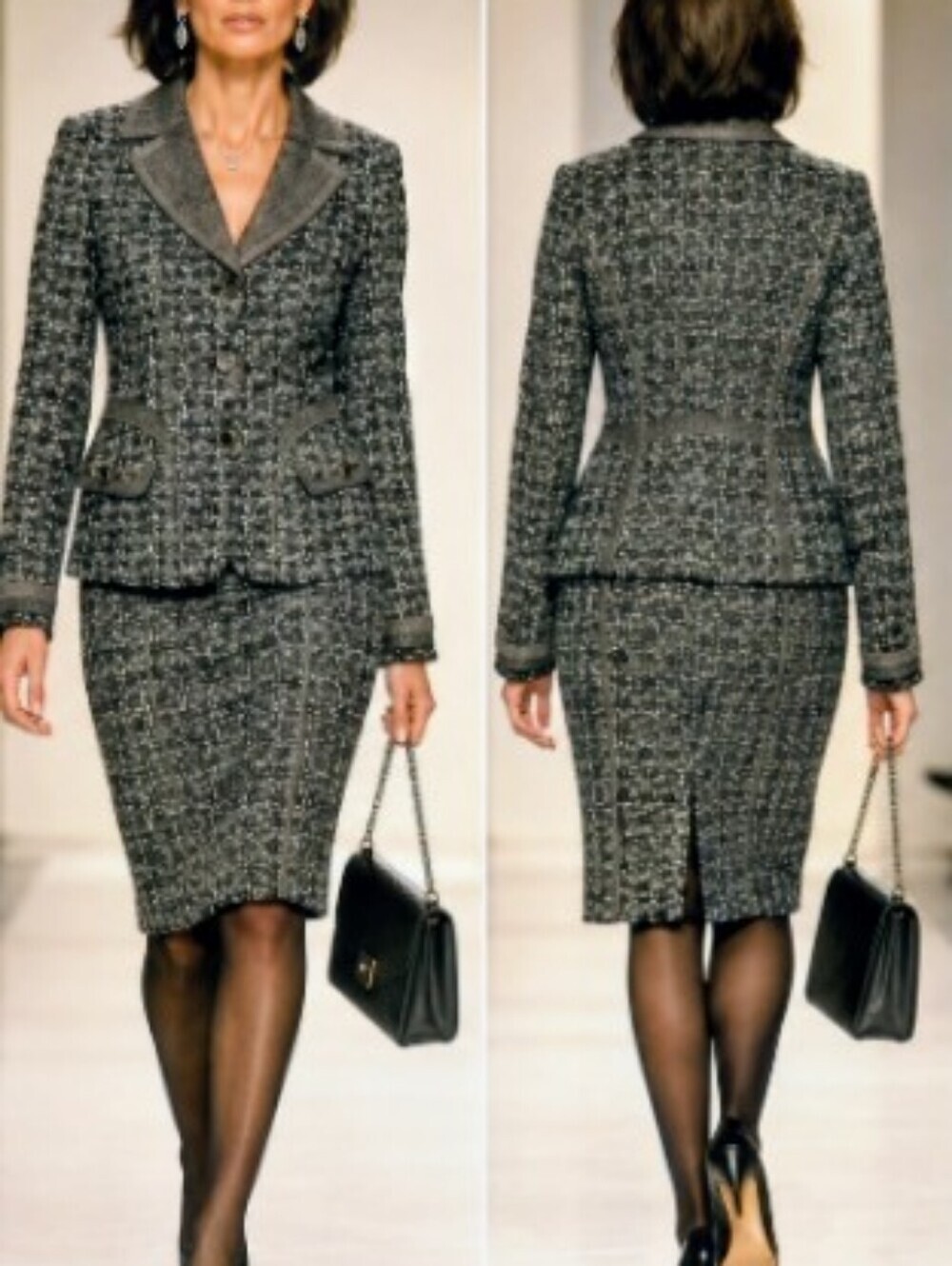 RARE Rena Lange 6/8 Tailored Fantasy Tweed Boucle Detail Peplum Gray Skirt Suit - Picture 5 of 14